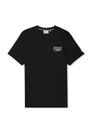 Czarna bawełniana koszulka z krótkim rękawem, okrągłym dekoltem, z haftowanym białym tekstem oraz czerwonymi i zielonymi akcentami na piersi.