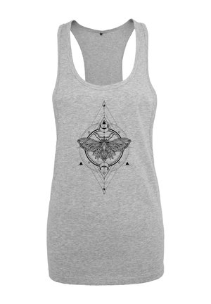 Graues ärmelloses Tanktop mit einem schwarzen grafischen Design eines Schneiders, umgeben von geometrischen Formen und detaillierten Verzierungen.