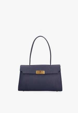 Navyblauwe leren handtas met een gestructureerd oppervlak, gestructureerde vorm, enkele bovenste handgreep en goudkleurige rechthoekige draaisluiting.