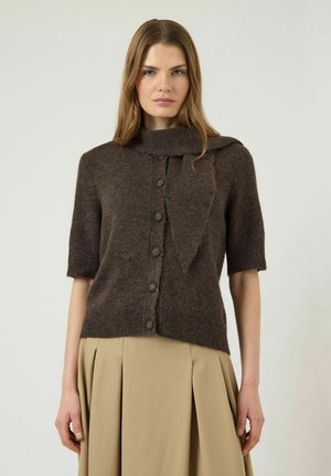 Mujer con cabello castaño liso, vistiendo un suéter marrón oscuro de manga corta abotonado, con una bufanda a juego y una falda plisada beige.