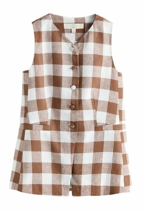 Bezrukawnik lniany w brązowo-biały wzór w kratę, z okrągłymi guzikami z przodu i dwoma kieszeniami z przodu.