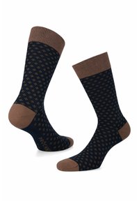 Skarpetki w kolorze granatowym z brązowymi akcentami; wzór z małymi diamentowymi kształtami; ściągacz u góry; wzmocnienia w okolicach palców i pięty.