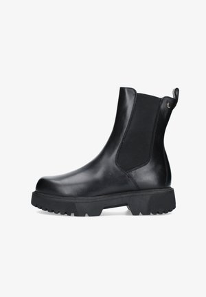 Stivale Chelsea in pelle nera con pannello elastico laterale, linguetta sul tallone e suola carrarmato spessa per trazione e stile.