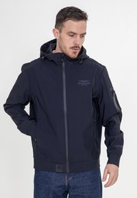 Marineblauwe hoodie met ritssluiting, zachte stof, logo op de voorkant en een ritszak op de mouw. Voorzien van verstelbare trekkoorden en elastische manchetten.