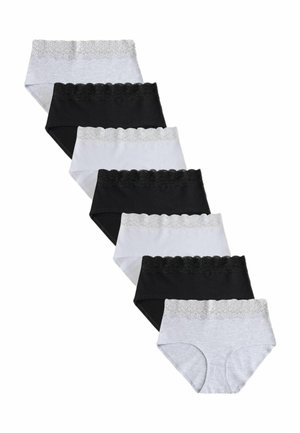 Stos siedmiu damskich majtek w stylu hipster w kolorach czarnym, białym i szarym z koronkową lamówką na pasie.