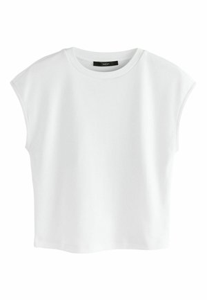 Balta īss piedurkņu, kortēta T-krekls no mīksta kokvilnas, ar apaļu izgriezumu un brīvu piegriezumu, bez redzamām rakstām vai akcentiem.