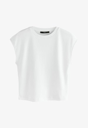 Valge lühikeste varrukatega lühike t-särk, valmistatud pehmest puuvillast, ümar kaelusega ja lõdva istuvusega, millel puuduvad nähtavad mustrid või aktsendid.