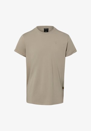 Beige short-sleeve cotton T-shirt with crew neck, small embroidered logo on chest, and rolled sleeve cuffs.