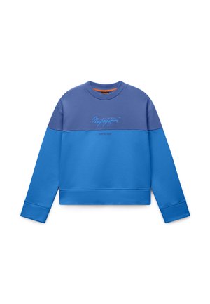 Sweatshirt bleu bicolore à col rond avec manches longues, arborant "Napapijri" brodé sur la poitrine et un col et des poignets côtelés.