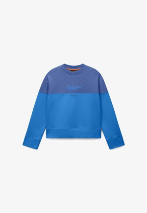 Zweifarbiger blaues Sweatshirt mit Rundhalsausschnitt und langen Ärmeln, mit "Napapijri" auf der Brust bestickt sowie einem gerippten Kragen und Bündchen.