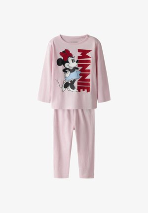 Dječje dvodijelne ružičaste pidžame s dugim rukavima, s grafikom Minnie Mouse i natpisom "MINNIE" na majici, te usklađenim hlačama.
