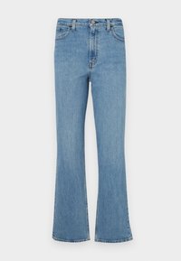 Jean en denim bleu clair évasés avec une taille haute, comportant cinq poches, des passants de ceinture et une finition délavée.