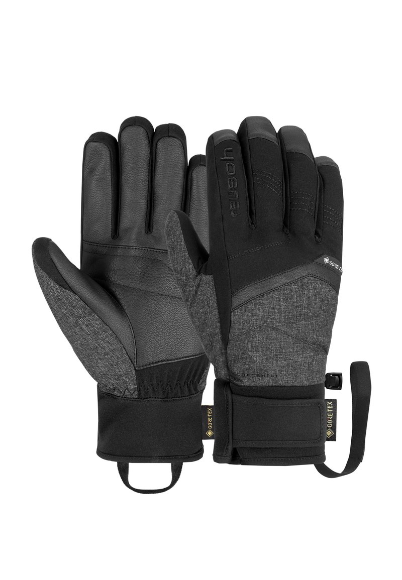 Black and dark grey gloves with leather palm, textured fabric back, velcro strap, and Gore-Tex label for waterproof protection.