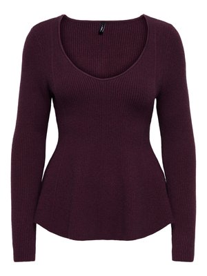 Burgundy ribbed sweater with a scoop neckline, long sleeves, and a flared hem. Made of soft textured fabric.