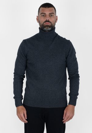 Maglione a collo alto grigio scuro in tessuto lavorato a maglia, con polsini e orlo a coste. Design aderente con una texture liscia.