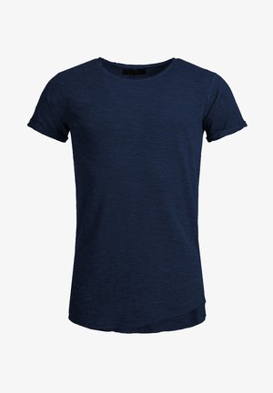 Dunkelblaues Kurzarm-T-Shirt mit Rundhalsausschnitt und lässiger Passform, aus leichtem, strukturiertem Stoff gefertigt.