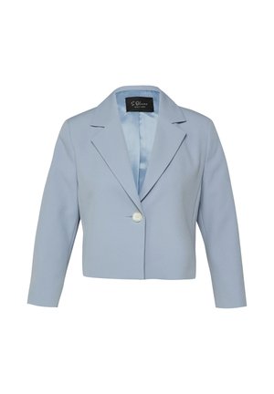 Krótkie, jasnoniebieskie damskie marynarki z długimi rękawami, zapięcie na jeden biały guzik, klapy z wycięciem i gładka podszewka wewnętrzna.
