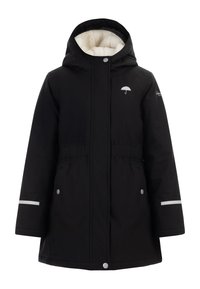Černá nepromokavá parka s kapucí, umělou kožešinou uvnitř, elastickým pasem, patentkami, bočními kapsami a reflexními prvky na rukávech.