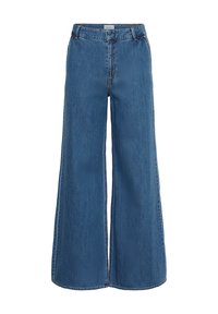Wide-leg denim jeans in medium blue, featuring a high waist, thick fabric, and minimal stitching details. Straight cut from hip to hem.