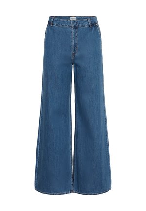 Wide-leg denim jeans in medium blue, featuring a high waist, thick fabric, and minimal stitching details. Straight cut from hip to hem.