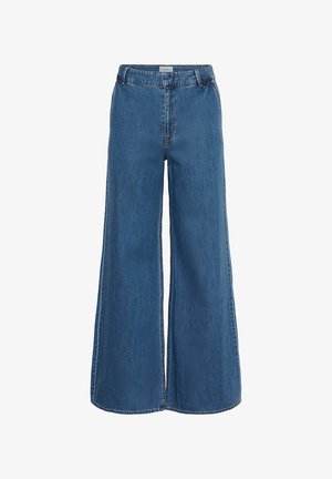 Wide-leg denim jeans in medium blue, featuring a high waist, thick fabric, and minimal stitching details. Straight cut from hip to hem.