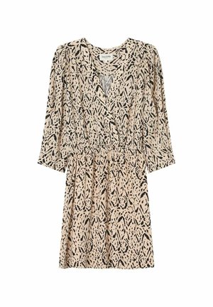 Robe à manches courtes en beige avec un motif abstrait noir, décolleté en V et taille cintrée, fabriquée en tissu léger.