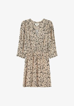 Robe à manches courtes en beige avec un motif abstrait noir, décolleté en V et taille cintrée, fabriquée en tissu léger.