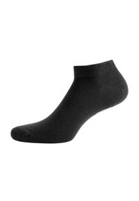 Chaussette noire coupée à la cheville avec un bord côtelé, un bout sans couture et une texture tricot lisse.
