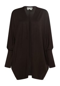 Zwarte cardigan met een losse pasvorm, diepe V-hals en lange mouwen. Gemaakt van zachte stof, met een opening aan de voorkant en een ronde zoom.