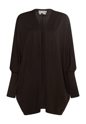 Schwarze Strickjacke mit lockerer Passform, tiefem V-Ausschnitt und langen Ärmeln. Hergestellt aus weichem Stoff, mit einer Vorderöffnung und einem abgerundeten Saum.
