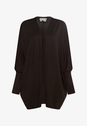 Sort cardigan med løs pasform, dyb V-hals og lange ærmer. Lavet af blødt stof, med en frontåbning og en rundet kant.