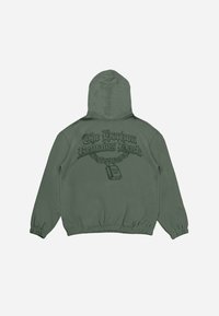 Felpa con cappuccio verde dotata di un orlo elastico, caratterizzata da una grande grafica sul retro con il testo "L'orizzonte rimane scuro" e un design a catena.