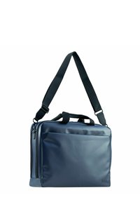 Bolsa de portátil de color azul marino, fabricada con un material duradero y brillante. Cuenta con una correa de hombro desmontable, asas para llevar y un bolsillo delantero con cremallera.