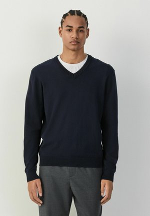 Junger Mann mit geflochtenen Haaren, trägt einen marineblauen V-Ausschnitt-Pullover über einem weißen Hemd und grauen Hosen, steht vor einem einfarbigen hellen Hintergrund.