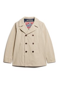 Beige double-breasted jas gemaakt van lichtgewicht stof. Bevat grote bruine knoppen, twee zijzakken en een marineblauwe voering met branding.