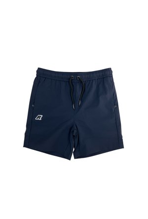 Pantaloncini da bagno blu navy con vita elastica, laccio nero, tasche laterali e logo bianco sulla gamba sinistra.