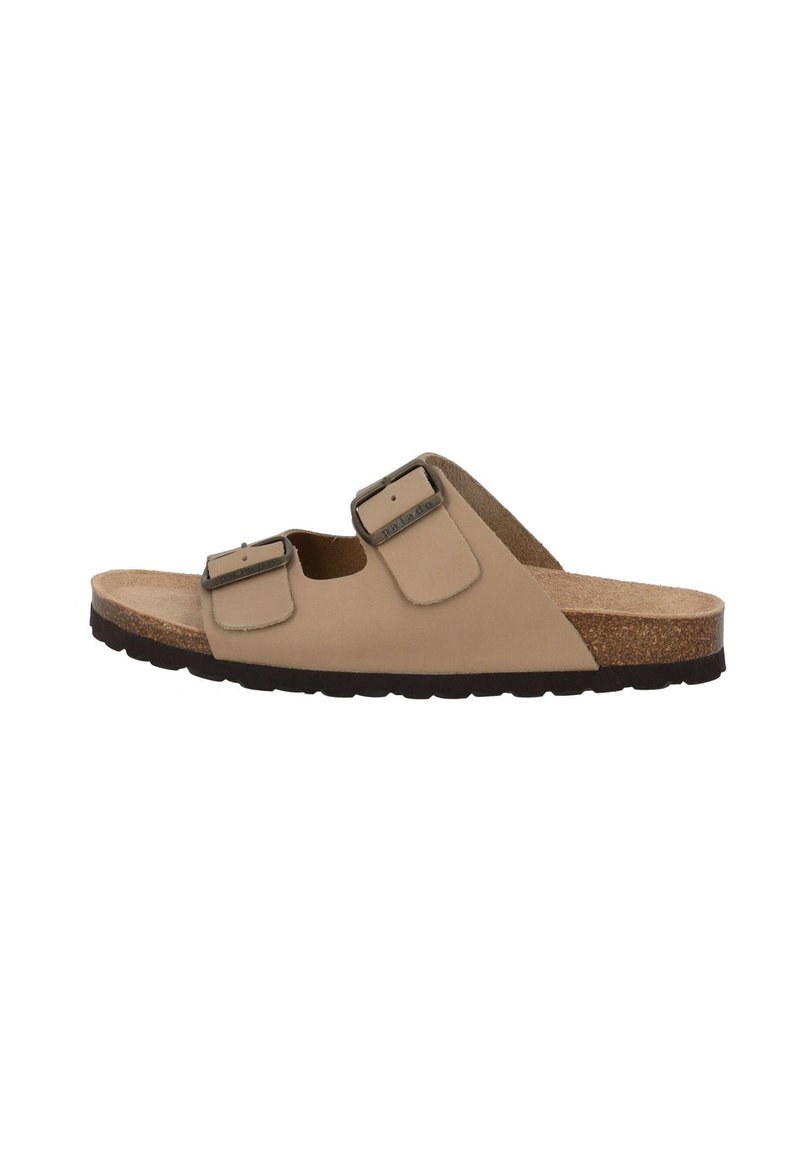 Sandalias beige con dos correas ajustables, plantilla de corcho, suela texturizada y un material superior suave. Diseño clásico tipo slide.