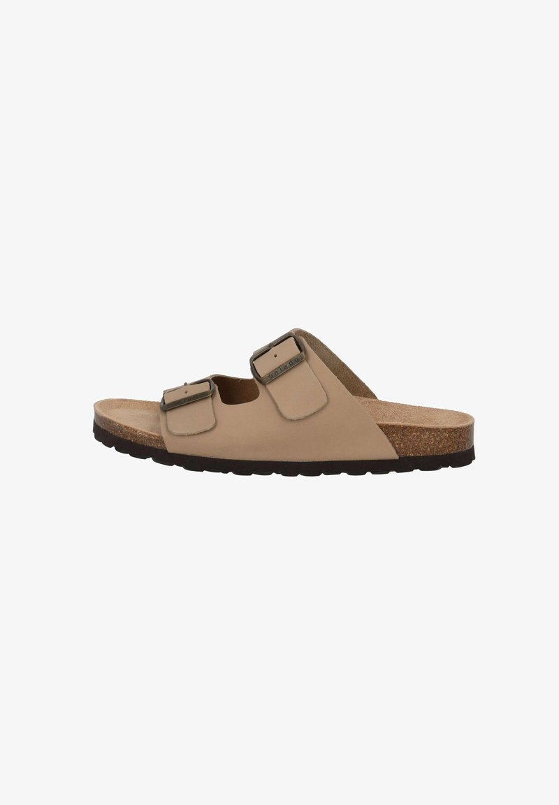 Beige sandalen met twee verstelbare banden, kurken voetbed, gestructureerde loopzool en een gladde bovenmateriaal. Klassiek slipperontwerp.