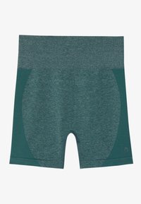 Pantaloni sportivi turchesi con ampia vita elastica. Realizzati in tessuto testurizzato, presentano accenti sui pannelli laterali e un taglio rotondo vicino all'orlo.