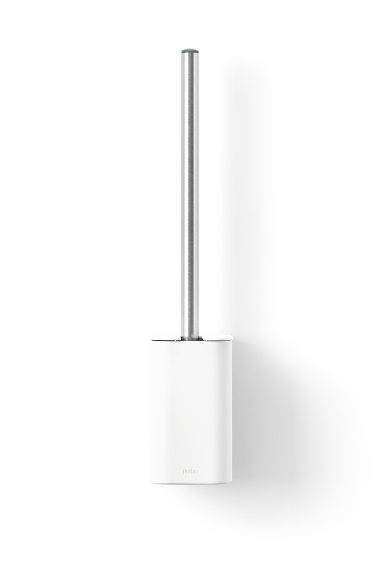 Porte-brosse de toilettes blanc avec une base cylindrique et un manche en acier inoxydable. Design minimaliste, sans motifs visibles ni détails de matériel.