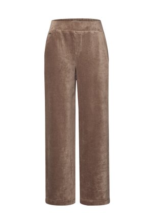 Pantalon en velours côtelé marron avec des jambes larges, une texture lisse et une taille élastique simple. Pas de poches visibles ni d'ornements.
