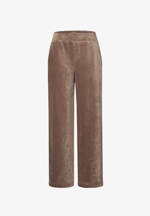 Braune Cordhosen mit weitem Schnitt, einer glatten Textur und einem einfachen elastischen Bund. Keine sichtbaren Taschen oder Verzierungen.