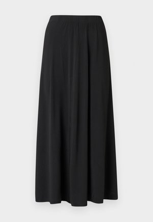 Black maxi skirt made of smooth fabric, featuring a wide, elasticated waistband and a straight silhouette with subtle draping.