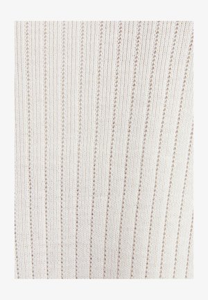 Strukturierter Strickstoff in Creme mit vertikalen schmalen Streifen und kleinen Lücken, die ein dezentes Muster bilden. Weiches und leichtes Material.