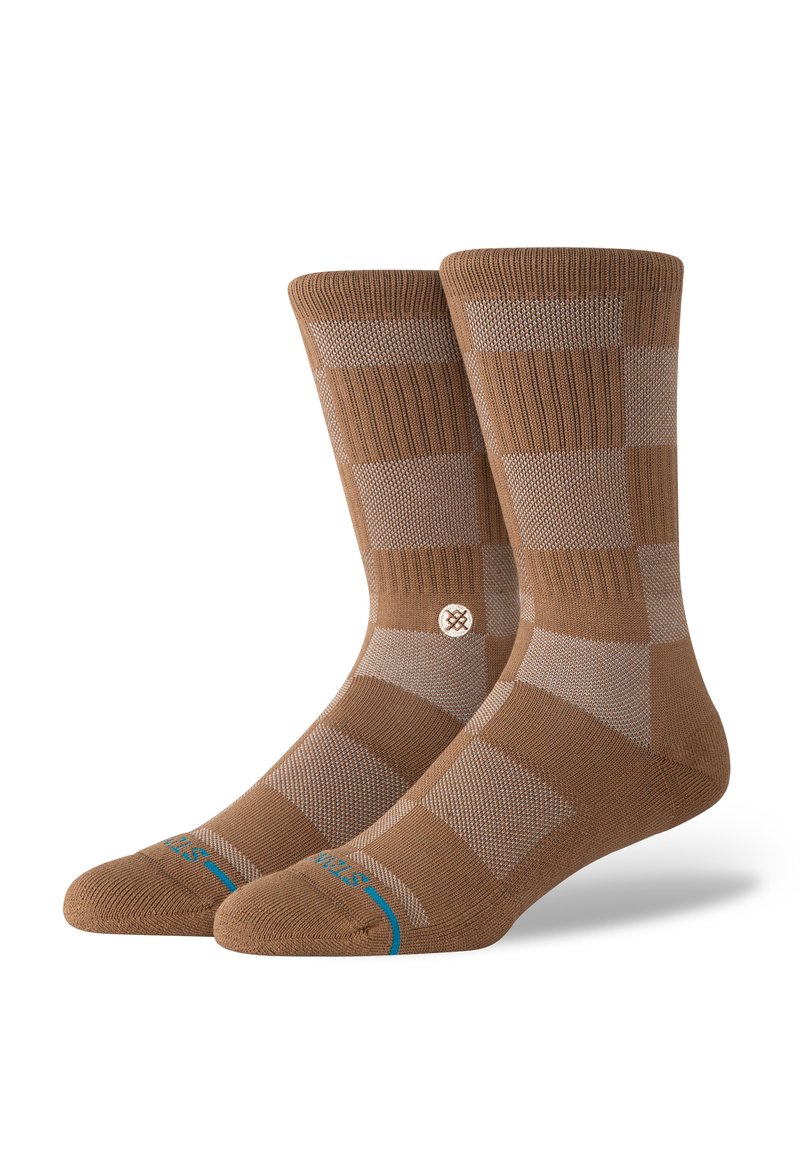 Brown knit socks featuring a checkered pattern in lighter shades, ribbed cuffs, and turquoise accents near the toe.