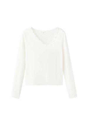 Hvid langærmet top med V-udskæring og pynt rundt om halsen. Glat stof, cropped design. Ingen synlige mønstre.