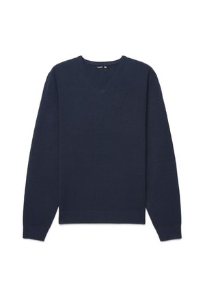 Maglione blu scuro a maniche lunghe con scollo a V e polsini e orlo a coste, mostrato disteso su sfondo bianco.