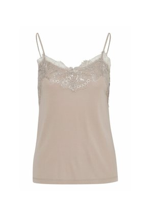 Beżowa koszulka na ramiączkach z koronkowym wykończeniem, charakteryzująca się gładką fakturą tkaniny i cienkimi regulowanymi ramiączkami, zaprojektowana z dopasowanym krojem.