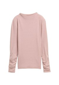 Długi rękaw, jasnoróżowa bluzka z wysokim kołnierzem i marszczonymi rękawami, prezentowana na białym tle.