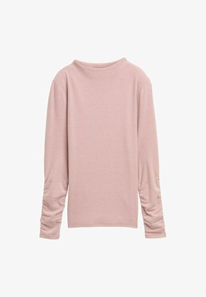 Long-sleeve, light pink top with a high neckline and gathered sleeves, displayed against a white background.